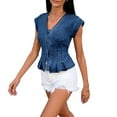 thumbnail image 3 of Women's Denim Vest Trendy Cap Sleeve V Neck Button Down Jean Vest Tops for Summer Crop Waistcoat Dark Blue, 3 of 4
