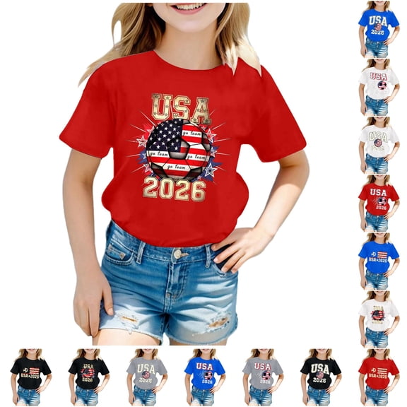 HNMKIU Girls Graphic T-Shirt Short Sleeve Letter Print Soccer Ball Crew Neck Tee for Toddler Kids Red-a,6-7 Years