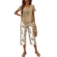 thumbnail image 4 of Women's Printed Casual Two Piece Set Cropped Top and Half Length Bottoms Modern Outfit,Beige,M, 4 of 7