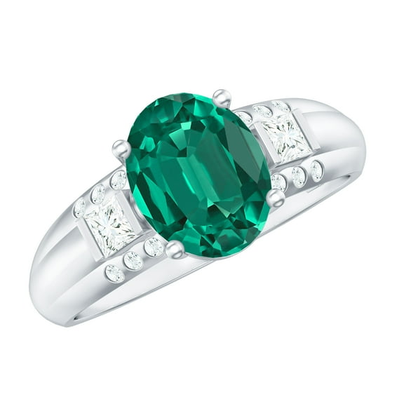 Rosec Jewels Lab Grown Emerald Solitaire Statement Ring with Diamond - 8X10 mm - AAAA Grade, 925 Sterling Silver, US 4.00