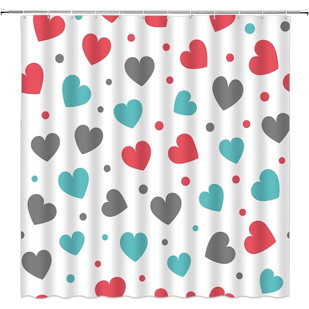 Cortina de ducha para el Día de San Valentín, con diseño de corazones, lunares, color rojo, verde azulado y gris, con diseño romántico de mujeres y niñas, con ganchos, 180 cm de ancho x 180 cm de