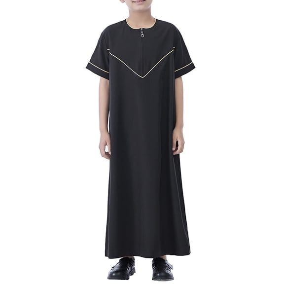 KAUOD Boys Short Sleeve Muslim Thobes 𝐈slamic Kids Half Zipper Eid Traditional Prayer Kaftan Thobes Toddler Abaya Clothes