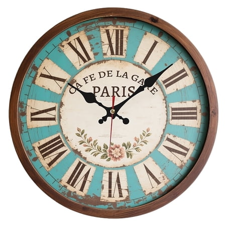 Rustic Country Outdoor Wall Clock Natural Wood with Roman Numerals & Red Hands, Vintage Farmhouse Decor for Patio, Garden, Living Room (Battery Not Included), Wall Clock Living Room,