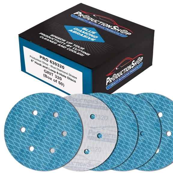 ProductionShop Premium 320 Grit 6" Rhombus Diamond Shape Blue Sanding Discs, 6-Hole, Box of 50 - Hook & Loop Anti-Clogging J-Cloth Dustless Sandpaper for Random Orbital Sanders, Sand Auto Paint