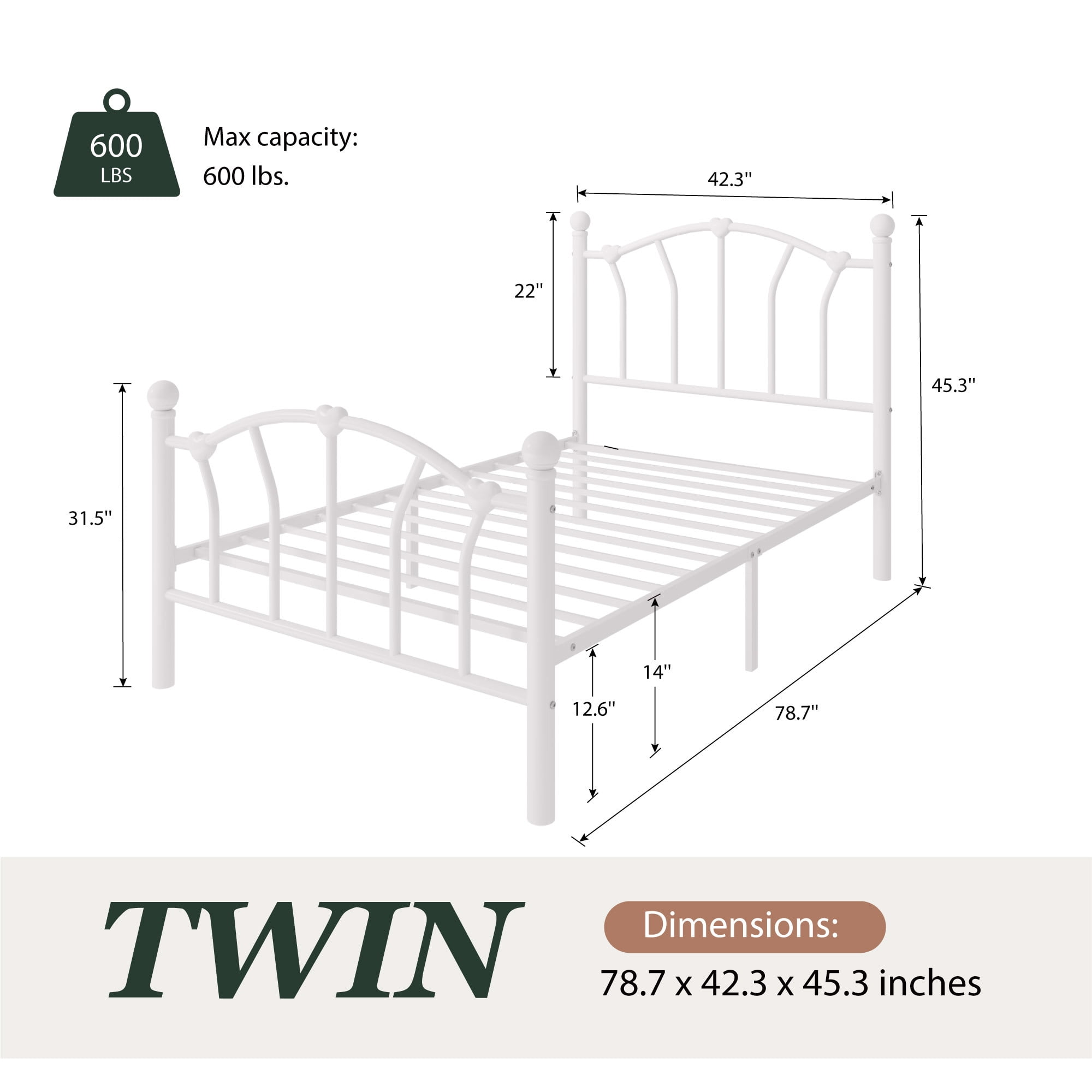 Amolife Twin Bed Frame, Metal Platform Bed with Heart-Shaped Headboard and Footboard, 12.6'' Under-Bed Storage Space, No Box Spring Needed, White