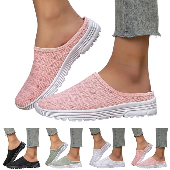 Pandaie Womens Mesh Walking Mules Sneakers Knit Breathable Open Back Slip On Shoes Orthopedic Tennis Backless Slippers with Arch Support (Black,6.5)