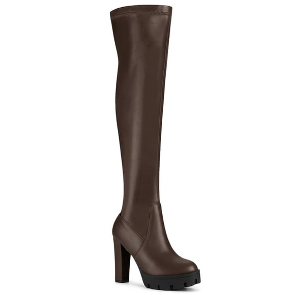 Unique Bargains Women's Platform Heels Chunky Heel Over Knee High Boots Coffee US 7
