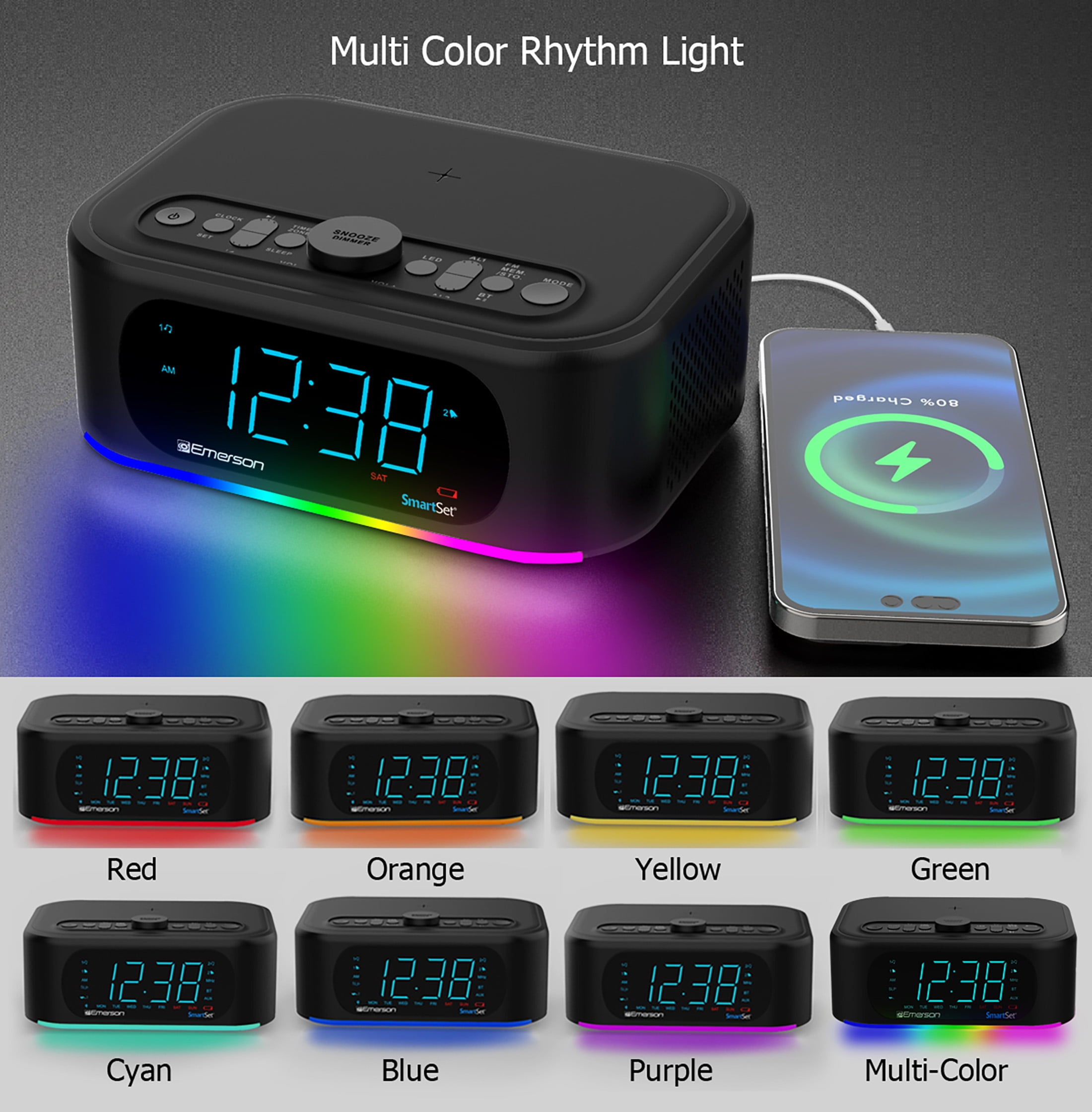 Emerson SmartSet Dual Alarm Clock Radio, 10W Bluetooth Speaker, 15W Wireless Charging, 7-Mode Rhythmic Color Changing LED Lights, CKSW7708M