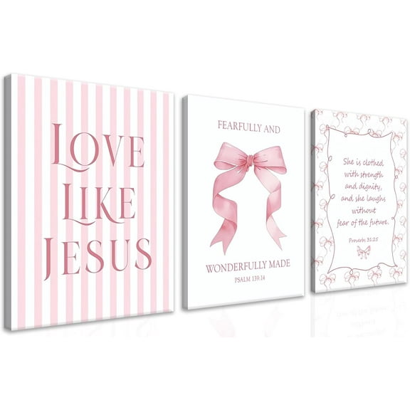 Pink Bow Canvas Wall Art Set of 3, Pink Coquette Dorm Room Wall Decor Paintings, Inspirational Scripture Verses Bows Posters Prints Pictures for Girls Dorm Room Bathroom Bedroom 12x16 Inch Framed