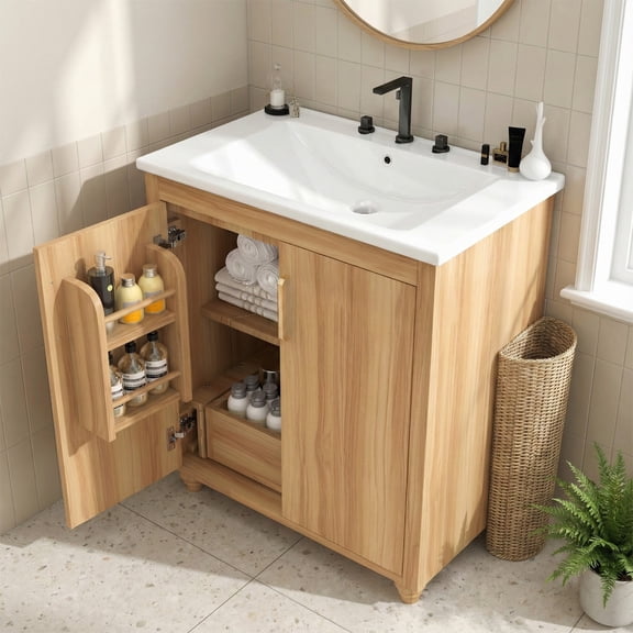 30" Bathroom Vanity with Sink, Multi-functional Bathroom Cabinet with 1 Drawer and 2 Doors, Natural Wood