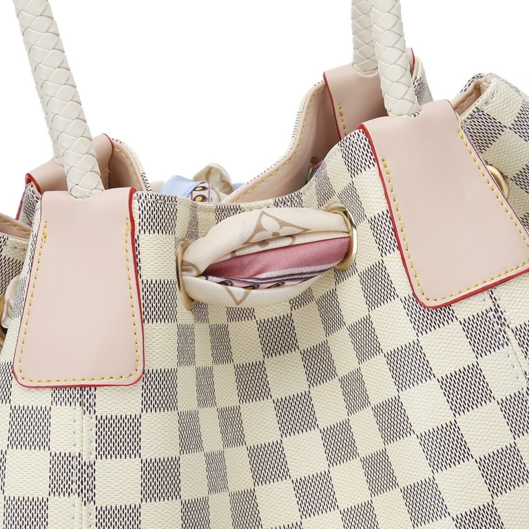 RICHPORTS Checkered Tote Shoulder Bag with inner pouch - PU Vegan Leather （ white） 