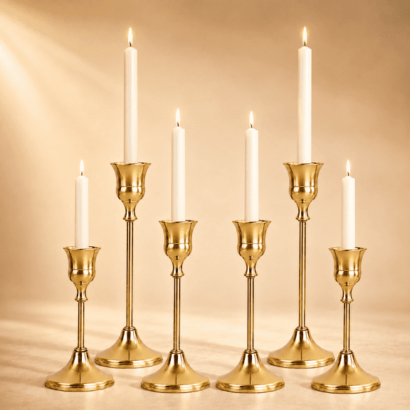Copper Tone Iron Taper Candle Holders, 6 Pack in 3 Sizes, for Table, Wedding, Mantel Decor and Gift Giving