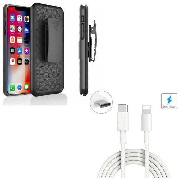 Case Belt Clip w USB Cable for iPhone XR - Holster Swivel Cover Kickstand Armor, 6ft Type-C to iPhone Charger Power Cord Compatible With iPhone XR