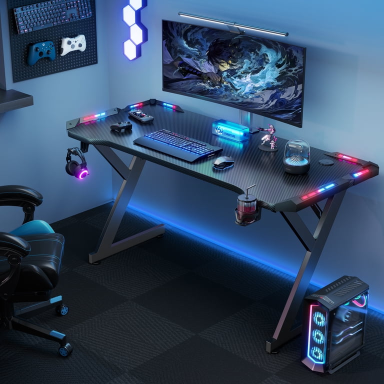 HLDIRECT 40 inch Gaming Desk with LED Lights, Ergonomic Gaming