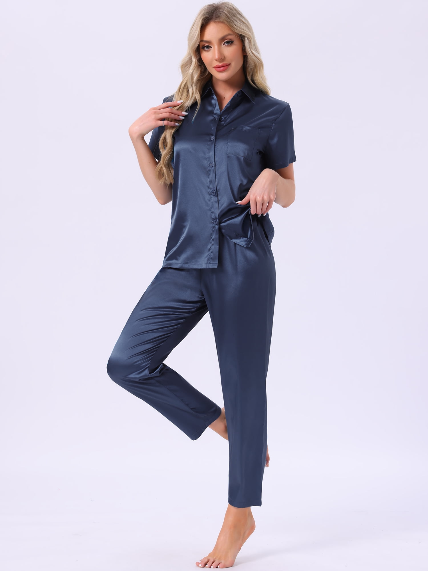 DARING DIVA Satin Pajamas Silky Button Down Short Sleeve Shirt Pants Set S Navy