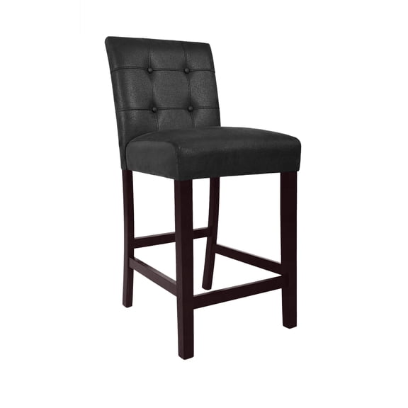 Popa Counter Stool Chair Set of 2, Black Faux Leather, Tufted Back