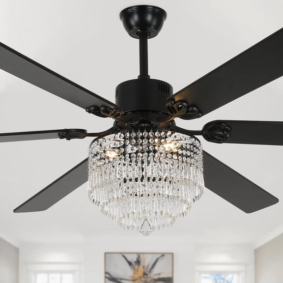 Bella Depot 65" Modern Black Crystal Large Ceiling Fan 6-Speed Reversible Chandelier with Light and Remote Control