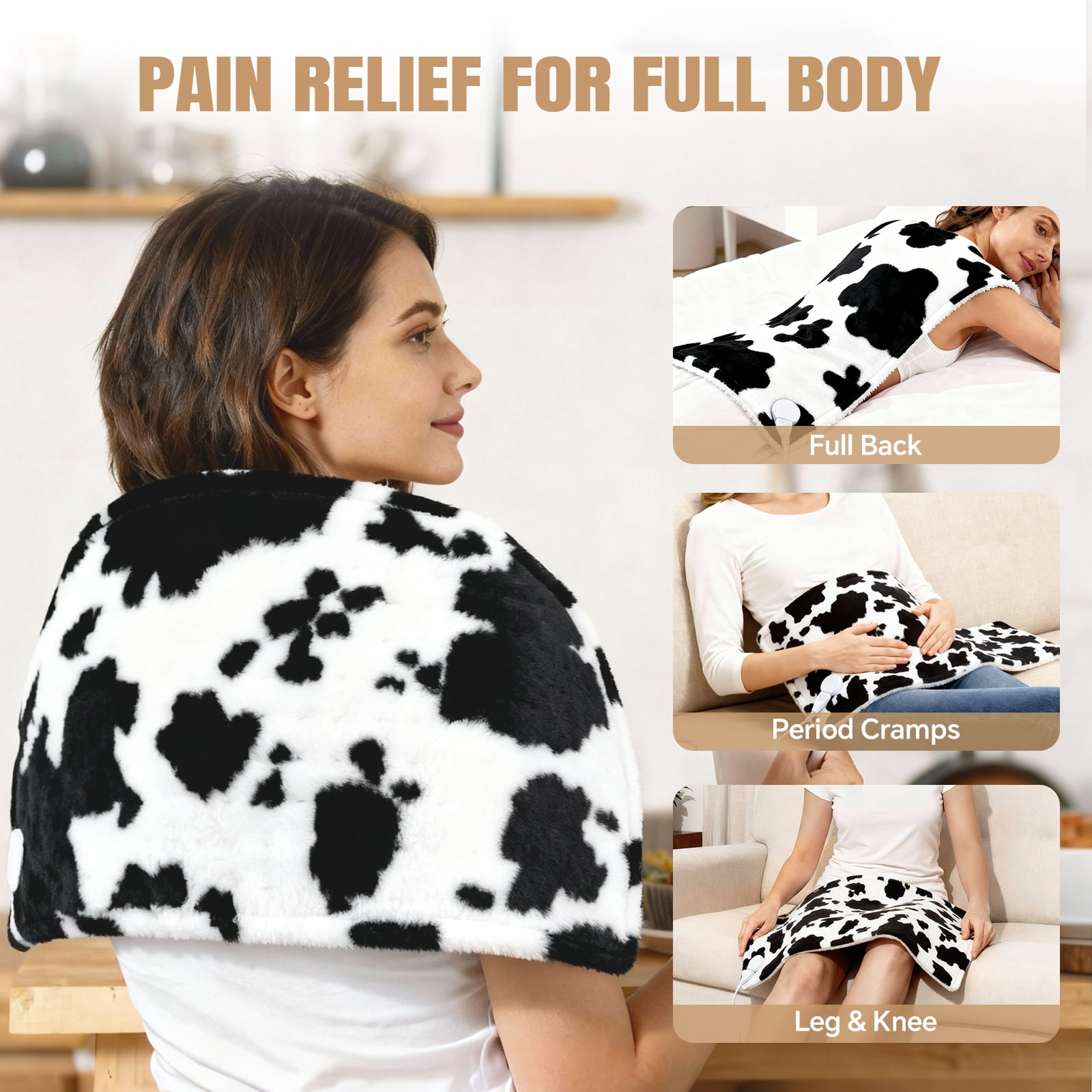 Cow Print Heating Pad for Back Period Cramps Neck Shoulder Pain Relief Portable Electric Heat Pads Cow Stuff Gifts Ideas, Funny Useful Self Care Christmas Birthday Gift for Women Mom Her Adults Teens