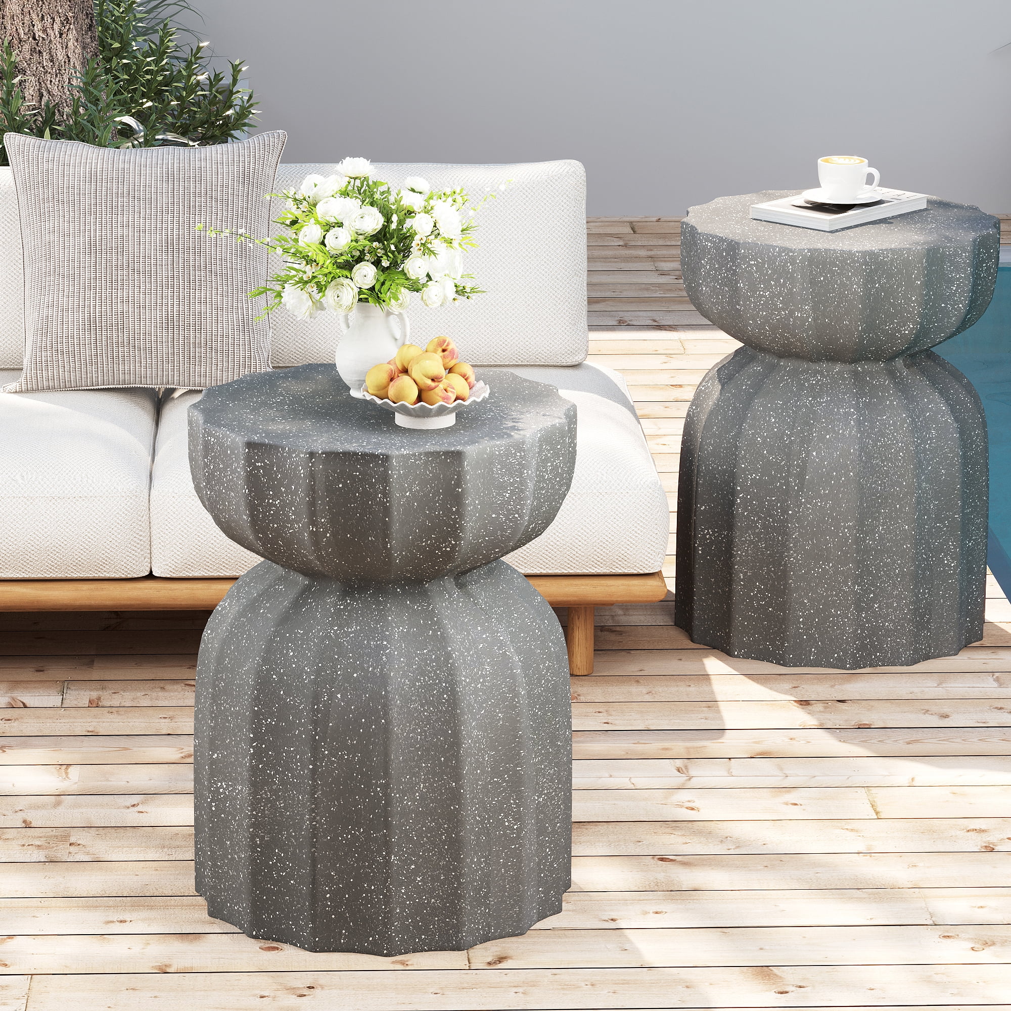 2 Piece Outdoor Accent Table Set, Waterproof Cement Style Round Side Coffee Table Combo for Yard Use, Grey