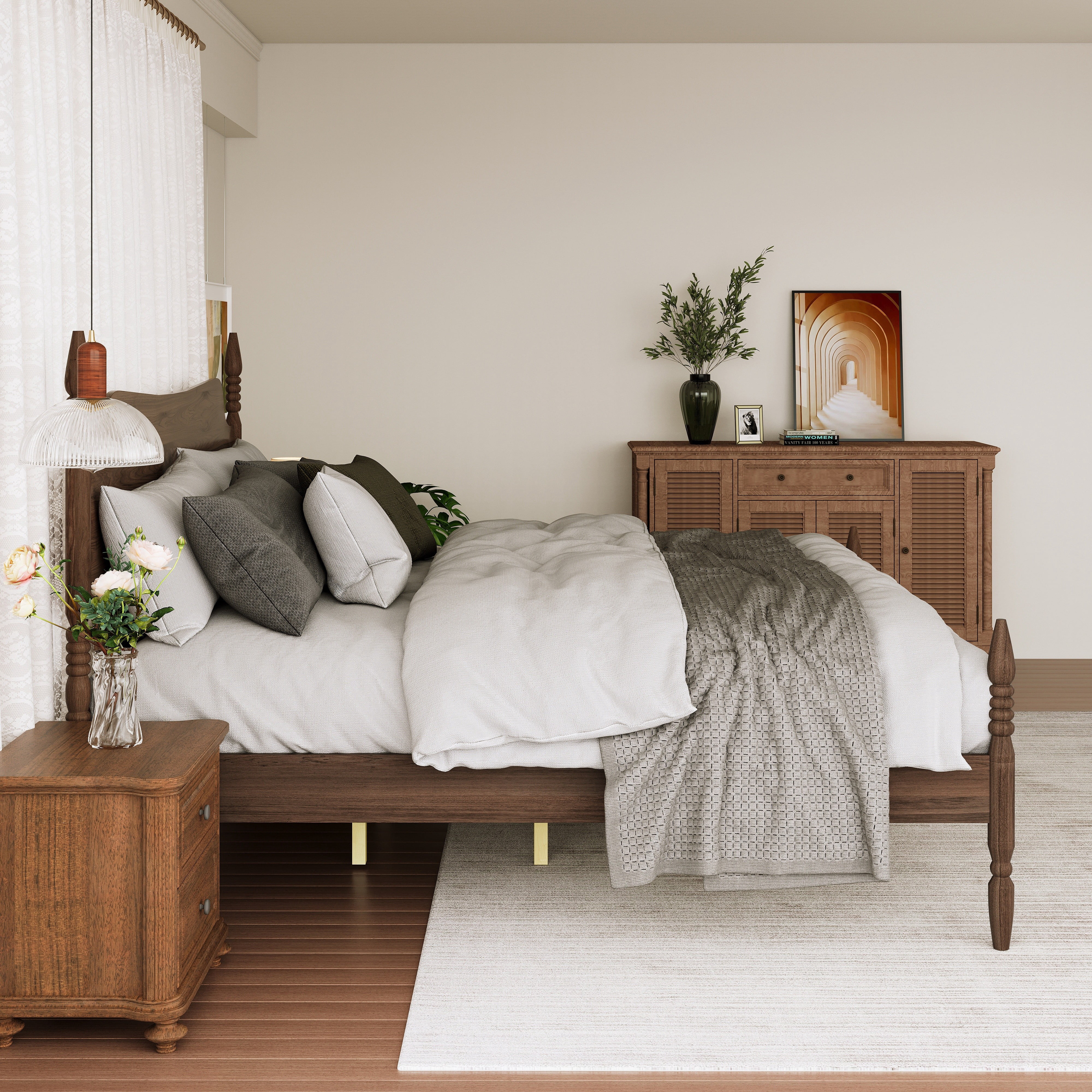 Mintazer Retro King Size Spindle Bed, Solid Platform Bed Frame with Curved Tall Headboard, No Box Spring Needed, Walnut