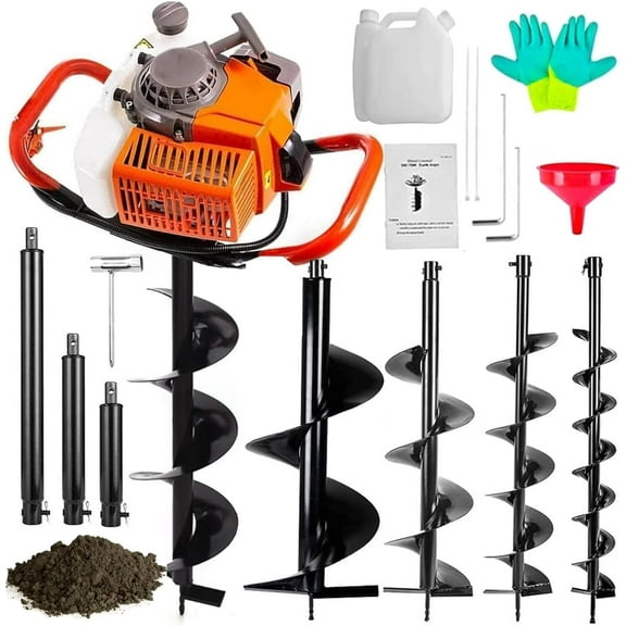 PRIJESSE Gas Powered 62CC Post Hole Digger for Fence and Planting with 3 Extention （8" 12" & 20" ） and 4 Earth Auger Drill Bits （4" 6" 8" & 12"）
