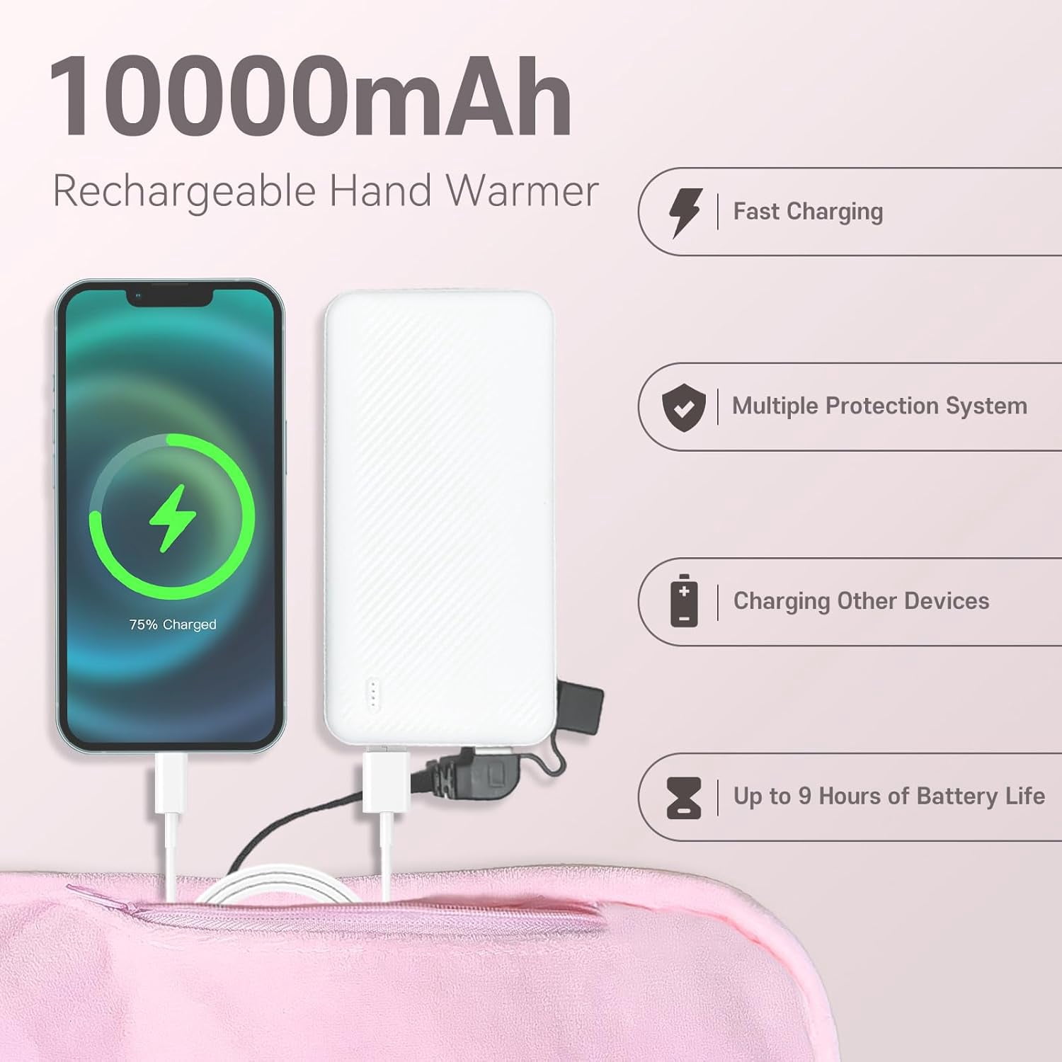 ELORTI Hand Warmers Pouch Rechargeable with 10000mAh Power Bank, 6 Levels Graphene Heated Handwarmer Bag, Double-Sided Heating for Outdoor Fishing Hiking Hunting Skiing, Pink