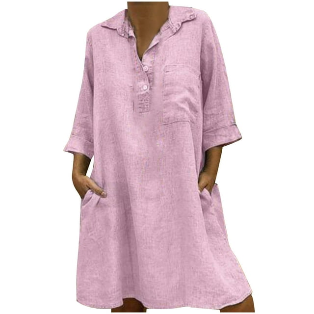 Chemises en Lin pour Femmes Été Femmes Printemps et Été Col à Revers Uni Coton Lin Robe Boutonnée Décontractée Poche Manches 3/4 Robe Chemise Robe d'Été pour Femmes Aguichant