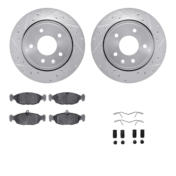 Dynamic Friction Company Rear Brake Rotors-Drilled and Slotted-Silver with 5000 Euro Ceramic Brake Pads includes Hardware 7612-20004