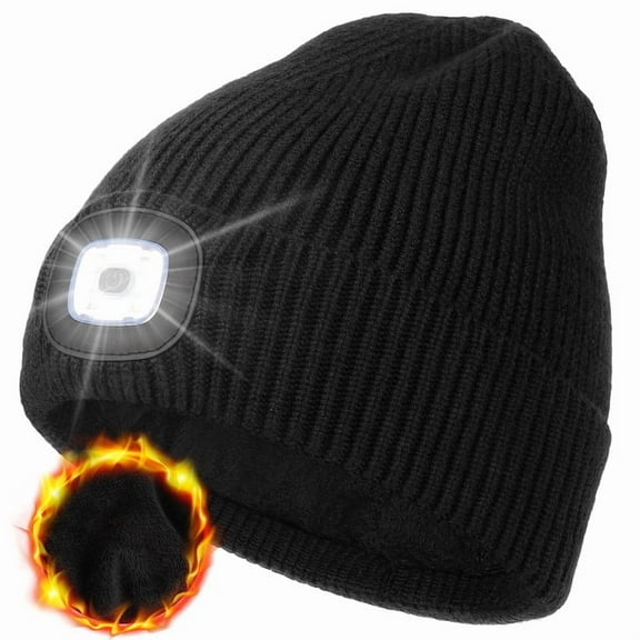 CENSGO Warm Fleece Lined Beanie with a Light, USB Rechargeable Hand Free Light Winter Hat with Light Built in, Gifts for Men Dad Husband Him(Black)