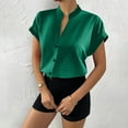 thumbnail image 6 of RYRJJ Women's Elegant Shirts Fashion Casual Loose Fit Short Sleeve V-Neck Shirt Tops Button Down Lightweight Stand Collar Blouse(Green,L), 6 of 9