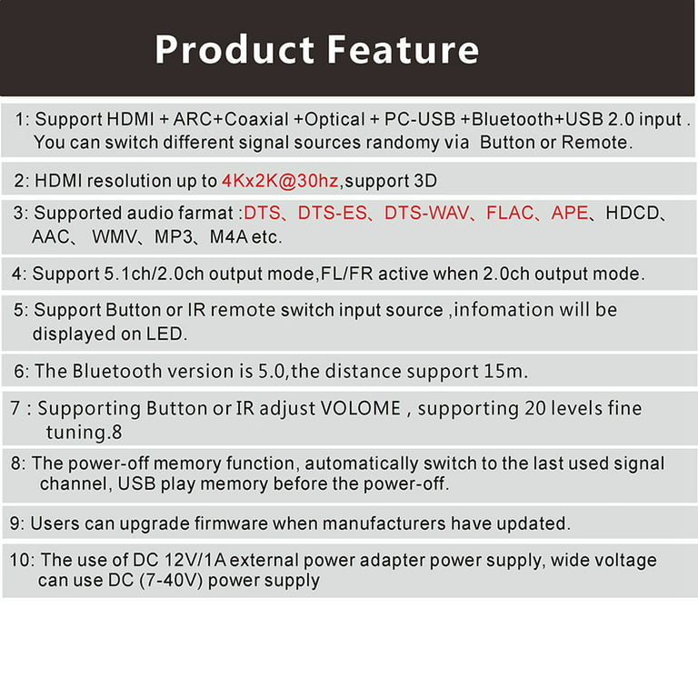 HDMI DTS 5.1 Audio Decoder Bluetooth 5.0 Receiver DAC AC3 FLAC APE 4Kx2K  HDMI to HDMI