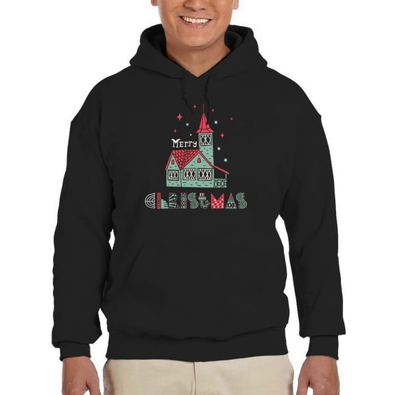 Storybook Style Xmas Cabin Hoodie Men - Men Hoodie, Black, Medium