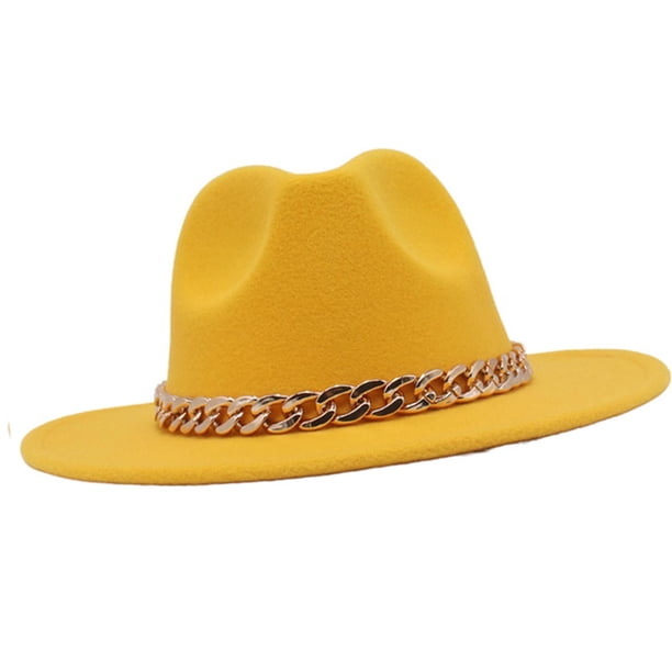Sombrero de moda con cadena, ala grande, clásico, moderno, transpirable, grueso, Panamá para mujer Amarillo