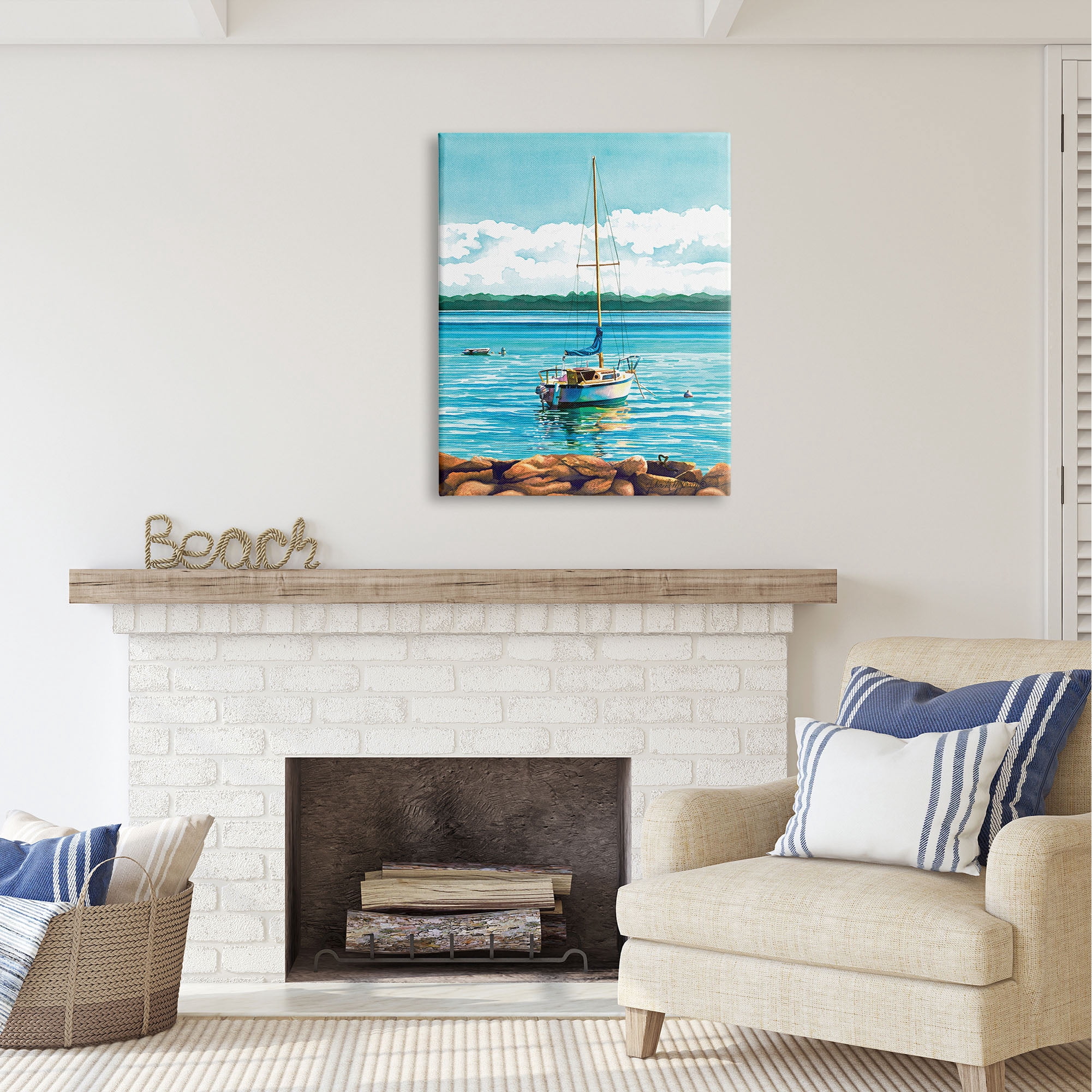 Stupell Industries Sailboat Rocky Shoreline Nature Painting Gallery Wrapped Canvas Print Wall Art, 30 x 40