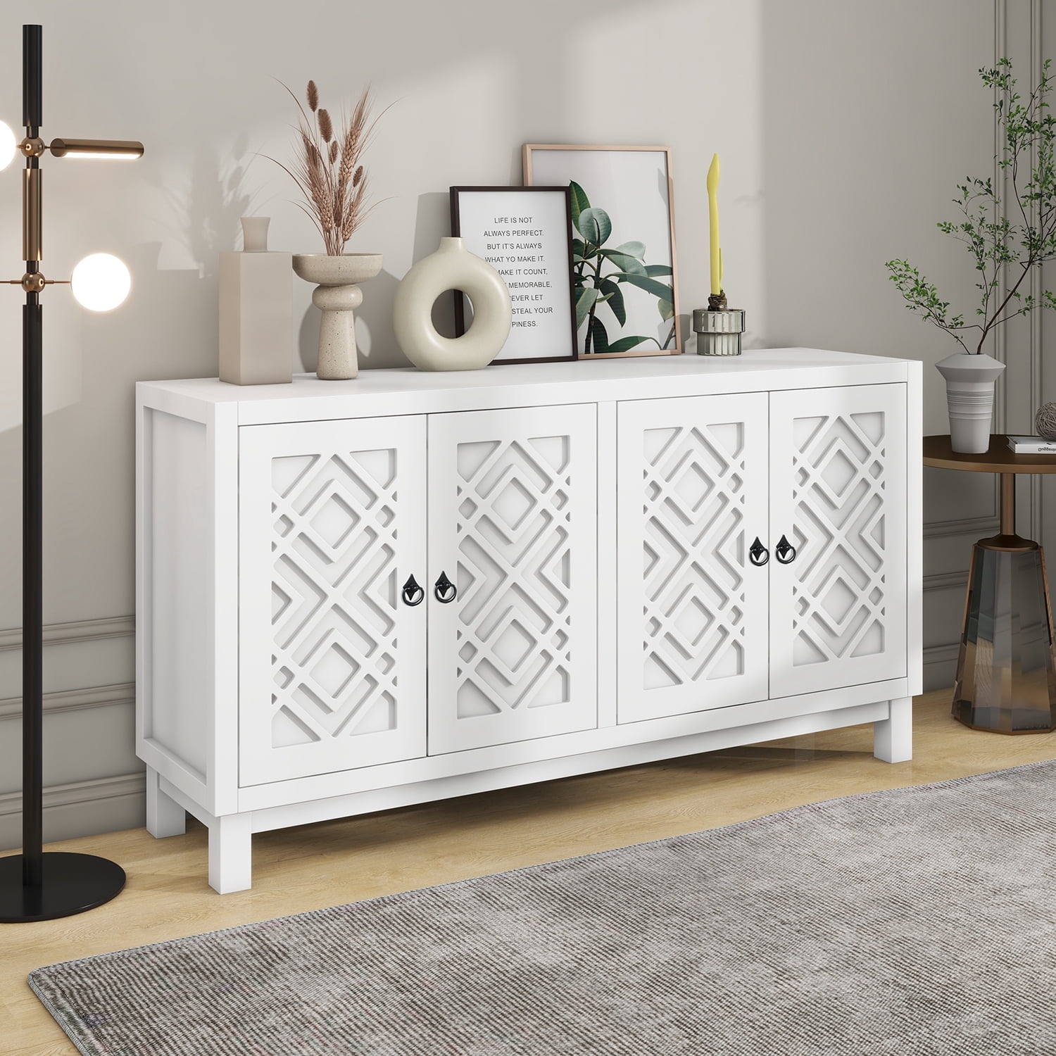 Kadyn Storage Sideboard Buffet Cabinet, 4 Door Sideboard with Pull Ring Handles, Kitchen Storage Cabinet for Living Room, White Kadyn Storage Sideboard Buffet Cabinet, 4 Door Sideboard with Pull Ring Handles, Kitchen Storage Cabinet for Living Room, White