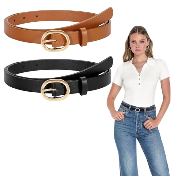 2 Pack Women's Faux Leather Belt Set Shiny Gold Buckle Thin Skinny Waist Belt for Jeans Dresses Year-Round Fashion