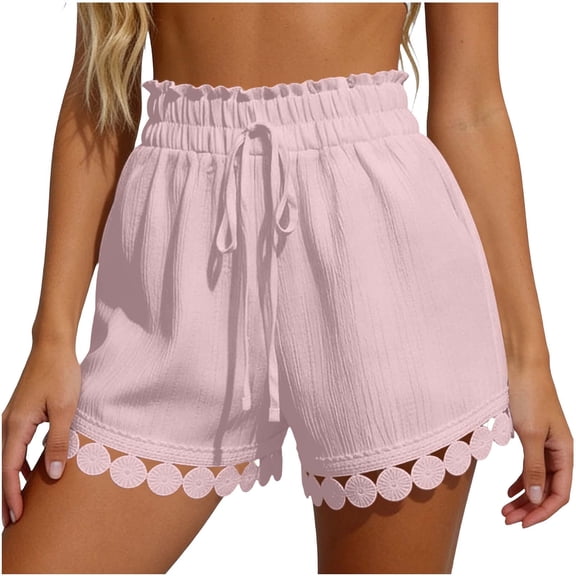 cocolona Womens Summer Casual Lace Beach Shorts Ruffled Elastic Waist Drawstring Wide Leg Shorts with Pocket