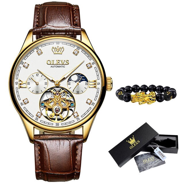 OLEVS Mechanical Watch For Men Skeleton Leather Strap Automatic Wristwatch Moon Phase Waterproof Lumious High Quality Men Watch