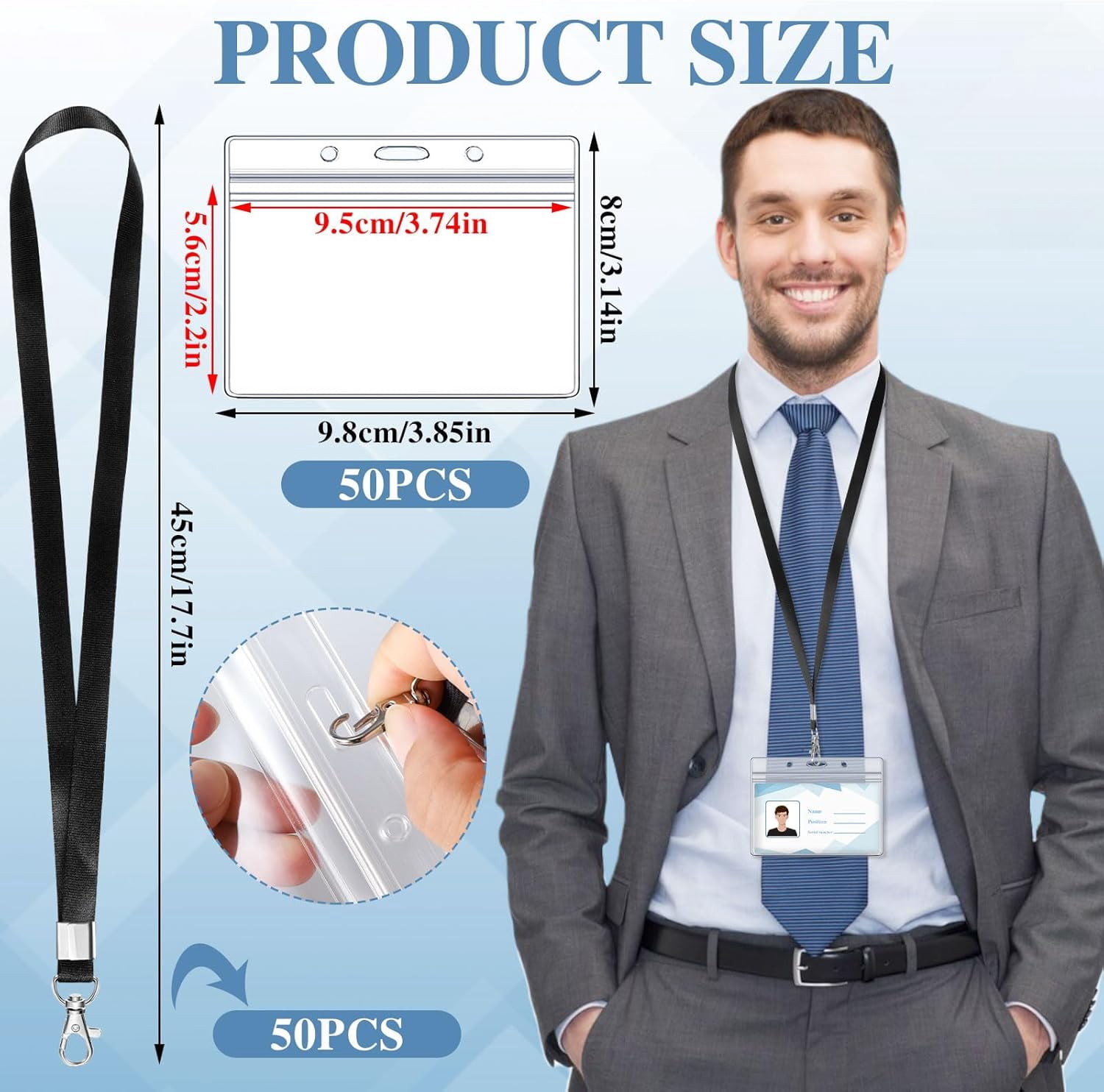 50 Pack Name Tag Lanyards with Id Holder, Clear Plastic Horizontal Name Tags Holders and Black Badge Lanyards with ID Holder for School Office Team Workers Volunteers (Black)