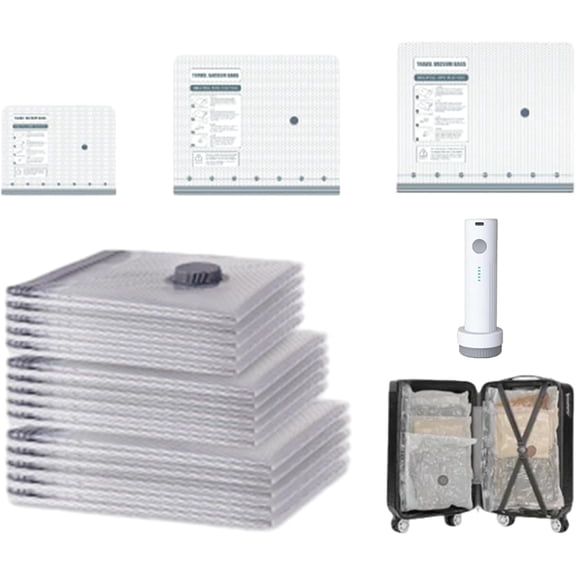 Cordless Travel Vacuum Storage Compression Bag Set - 6 Pack & 9Pack, 3 Sizes, USB Rechargeable Handheld Pump, Waterproof and Reusable, Saves Clothing and Packing Space