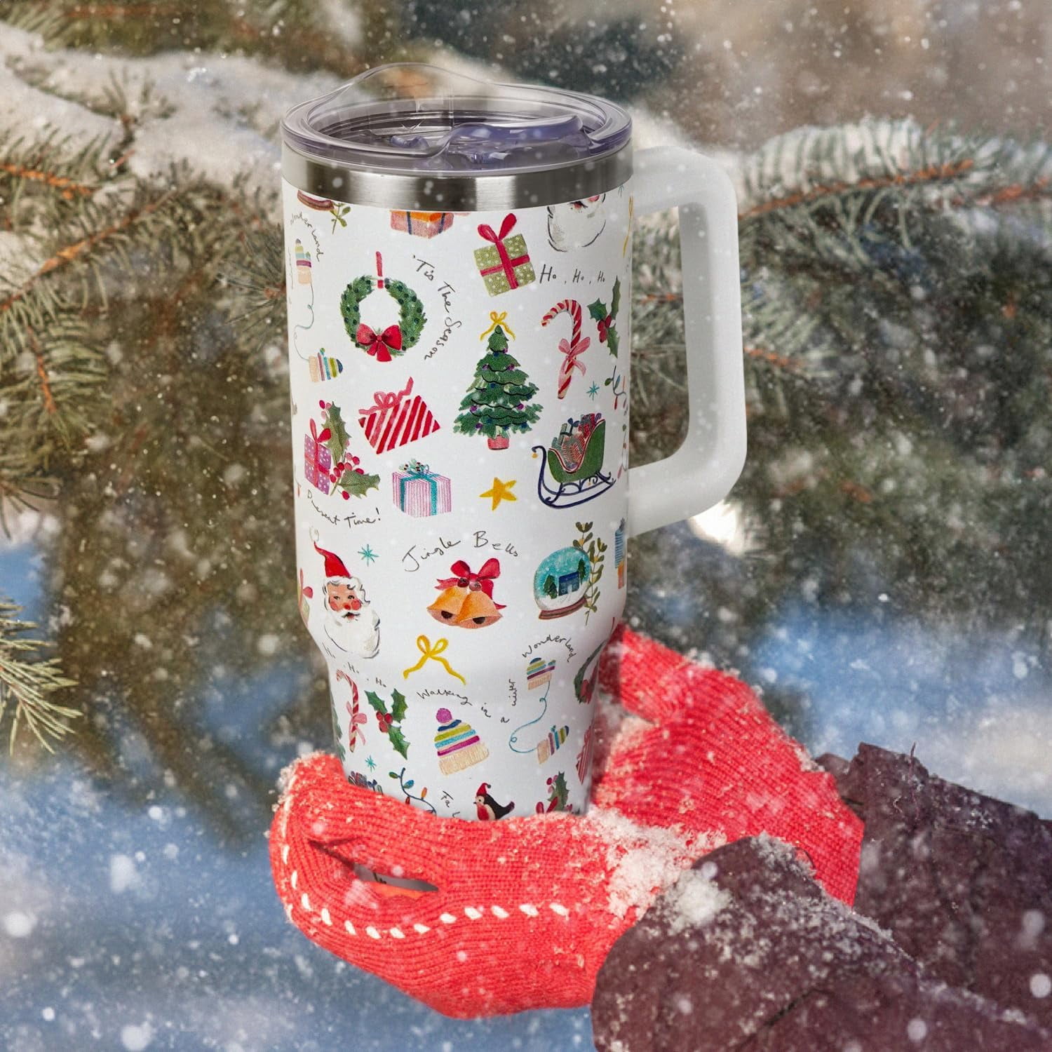 Christmas Gifts 40 oz Tumbler with Handle and Straw Lid,Cute Gifts for Women Snow Globe Xmas Tree Lights Vacuum Insulated Leak Proof Tumbler,Winter Holiday Accessories Stainless Steel Coffee Cup Mug