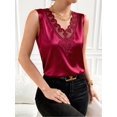 thumbnail image 4 of Women's Satin Contrast Lace V Neck Sleeveless Blouse Appliques Summer Tank Tops Red L, 4 of 7