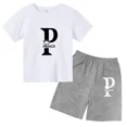 thumbnail image 3 of Conjunto de 2 piezas de camiseta y pantalones cortos de algodón con letras simples vintage de verano 2024 para niños, moda de tendencia para bebés y niñas, 3 of 5