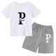 thumbnail image 3 of Conjunto de 2 piezas de camiseta y pantalones cortos de algodón con letras simples vintage de verano 2024 para niños, moda de tendencia para bebés y niñas, 3 of 5