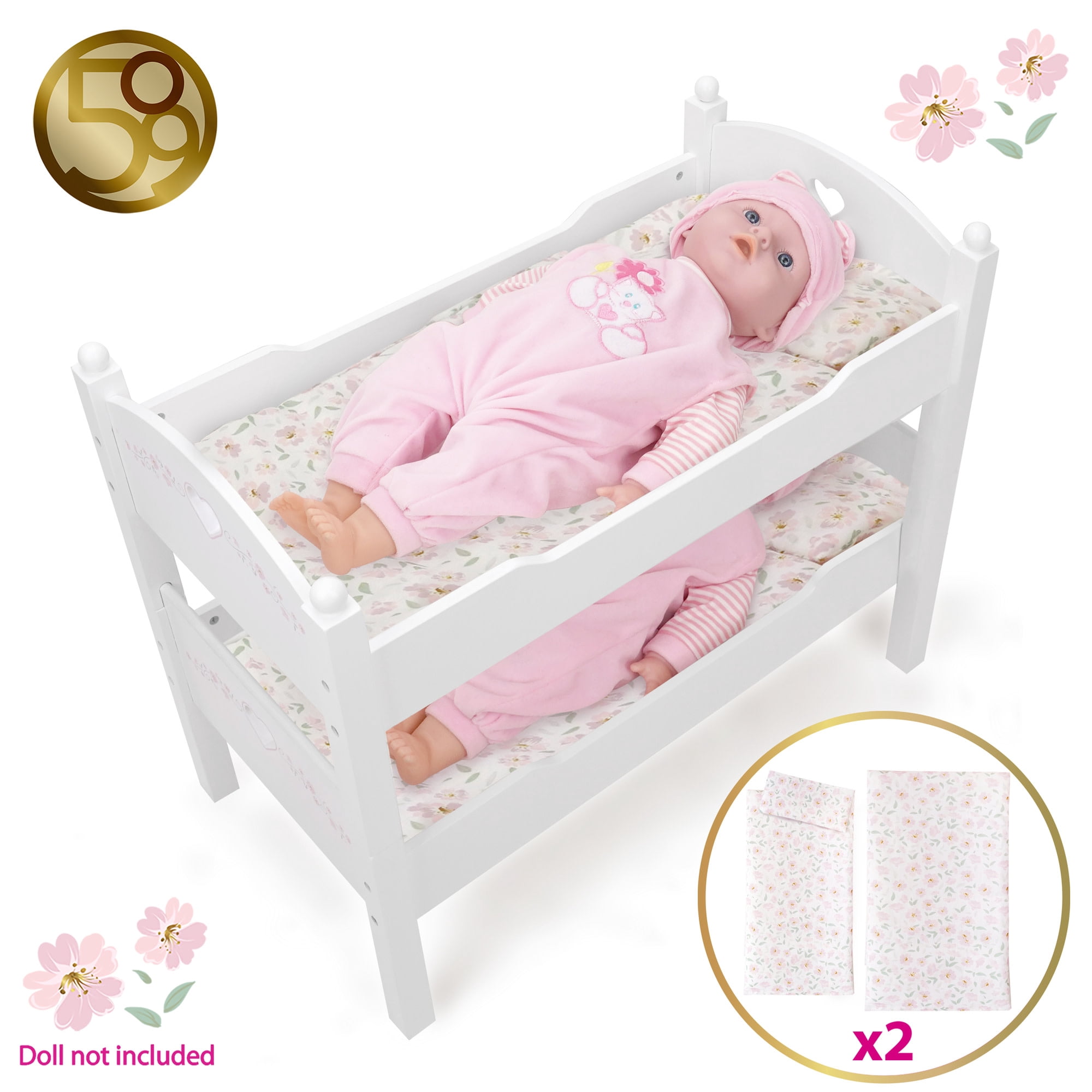 509 Crew: Petit Flora - Wooden Doll Bunk Bed - White-Pink-Flowers, Convertible to Single Beds, Blankets & Pillows, Doll Sleep Accessory Toy, Kids 3+