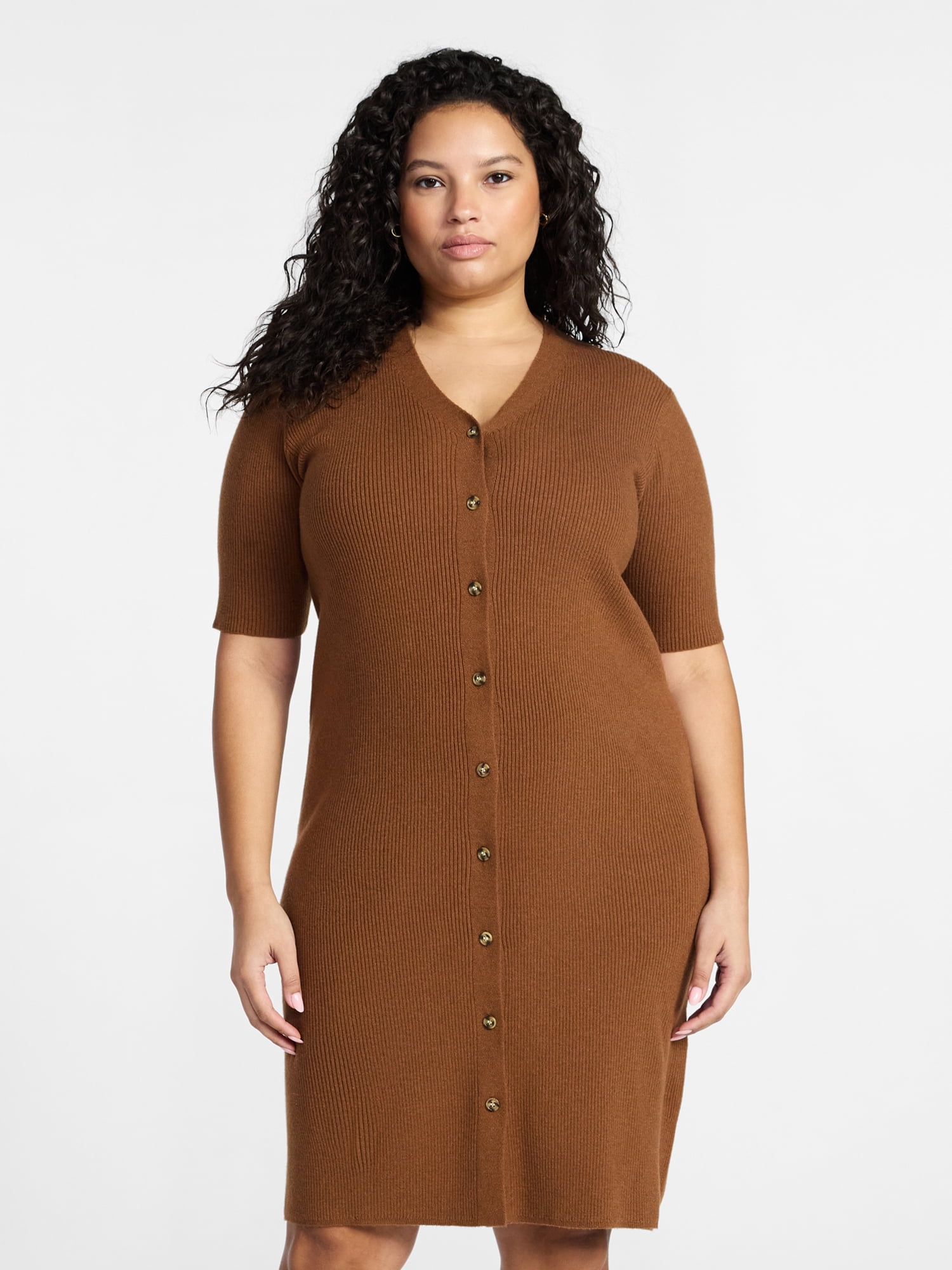 Terra & Sky Women’s Plus Fine Gauge Rib Knit Dress, Sizes 0X-5X