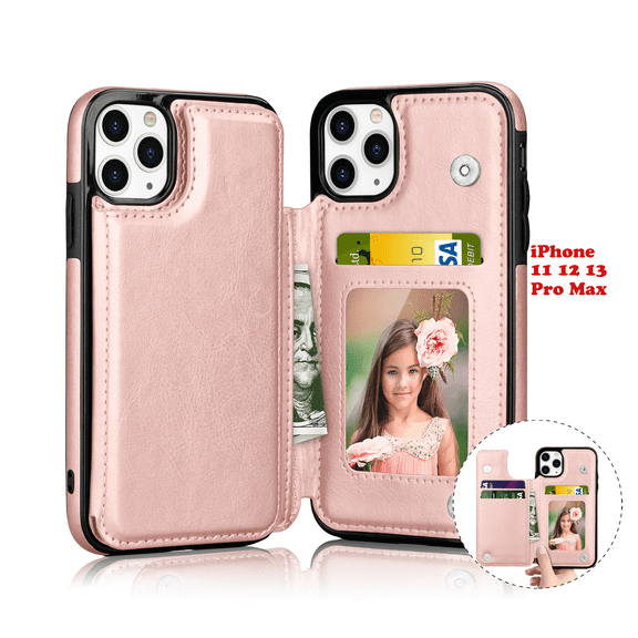 Tekcoo Wallet Case with Card Holder for iPhone 11 12 13 Pro Max, Wallet Premium PU Leather Kickstand Card Slots,Double Magnetic Clasp and Durable Shockproof Cover -Rose Gold
