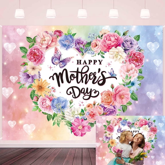 7x5FT Happy Mother's Day Backdrop Happy Mother's Day Banner Love You Mom Backdrop Flower Butterfly Mother's Day Background Best Mom Party Photo Decorations Vinyl