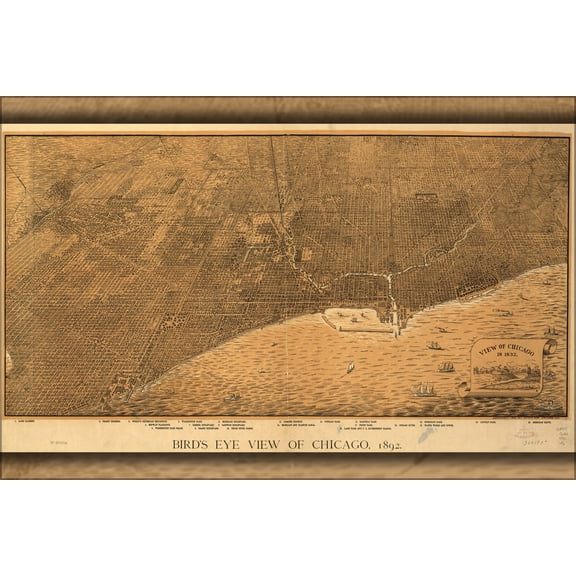24"x36" Gallery Poster, birdseye view map of Chicago, 1892