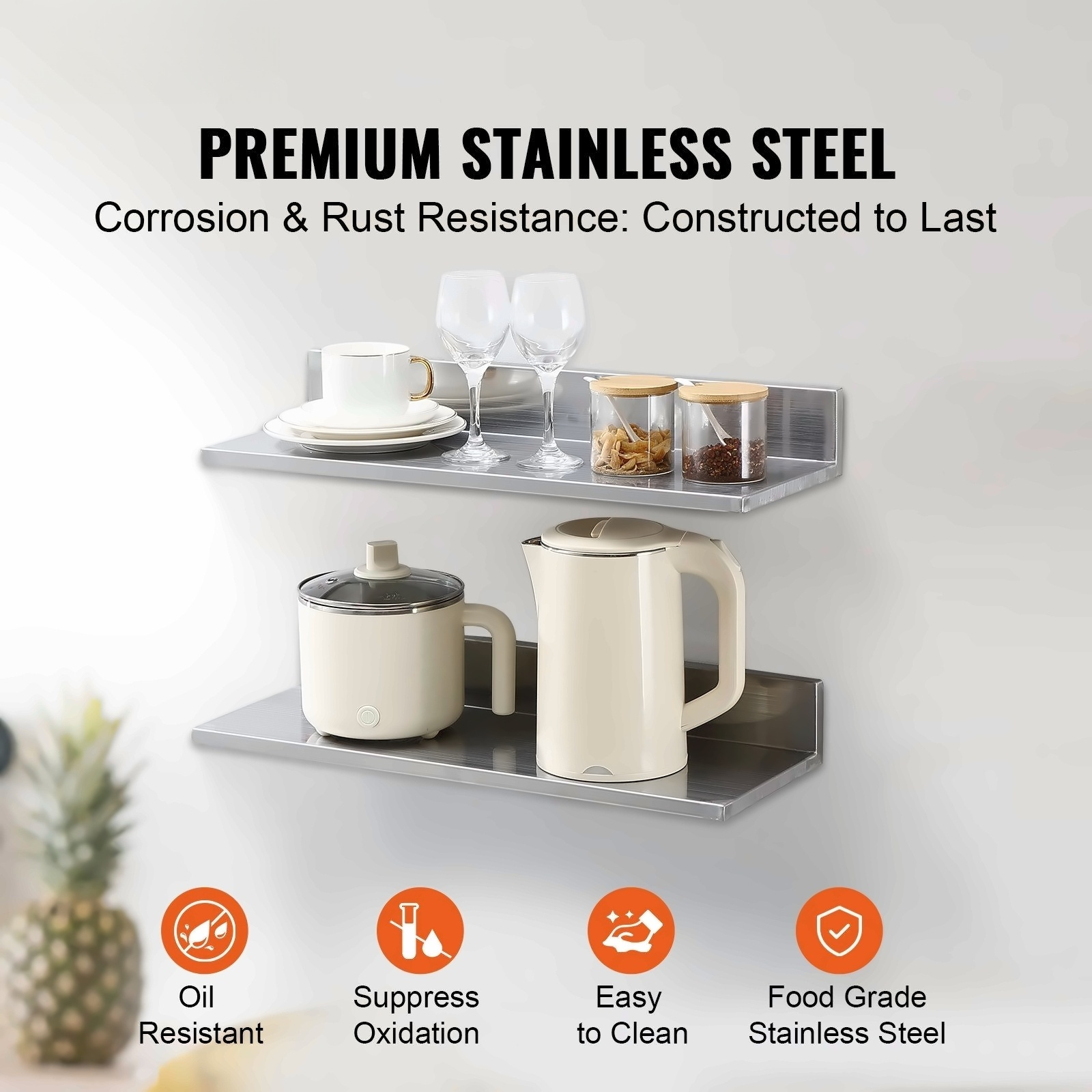 Stainless Steel Shelf 8.6" x 24", Wall Mounted Floating Shelves with Backsplash, 44 lbs Capacity, Heavy Duty Storage for Restaurant, Bar, Home (2 Pack)